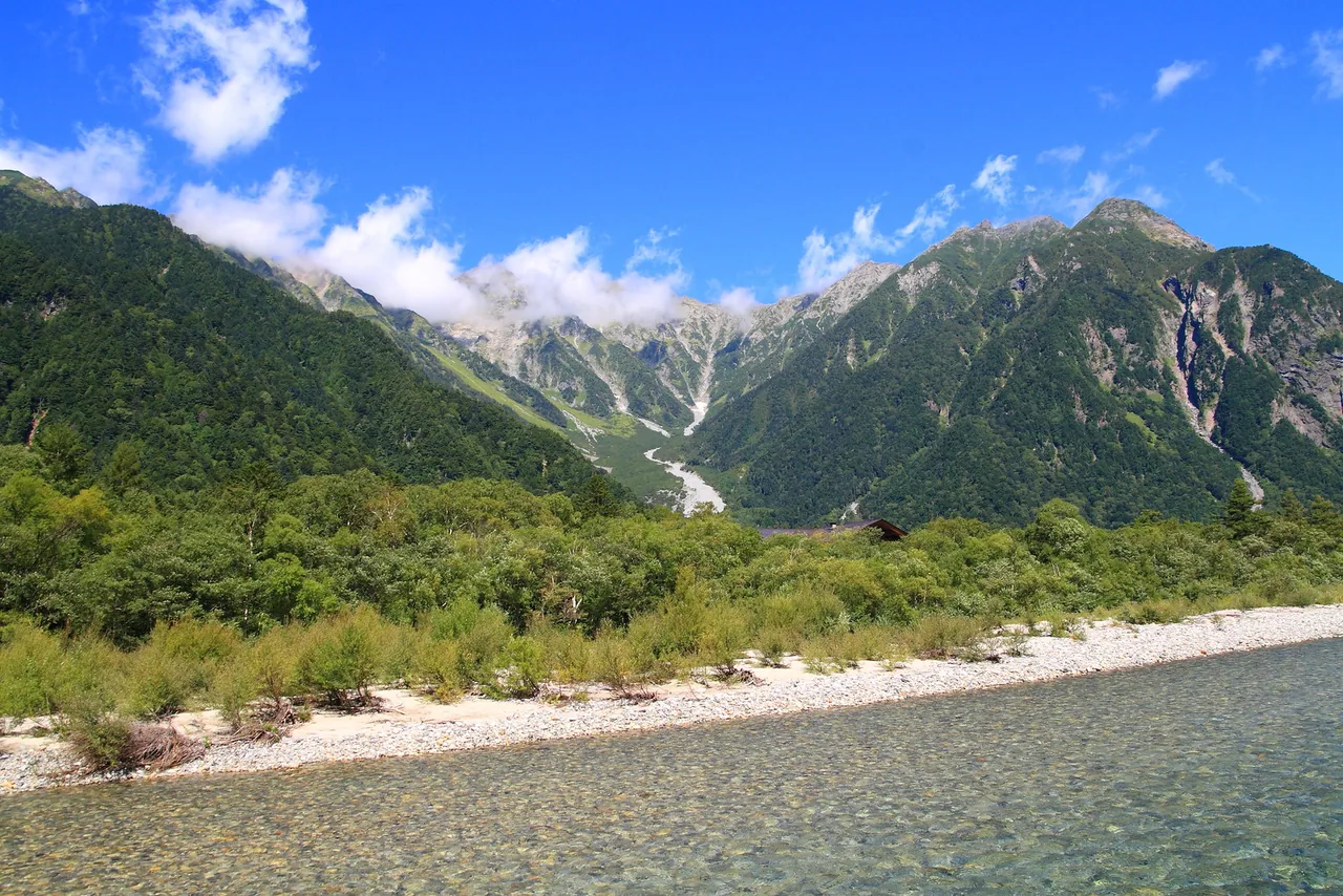 The clear Azusa River in Kamikochi under green forest and the rocky Hotaka peaks on a blue-sky day