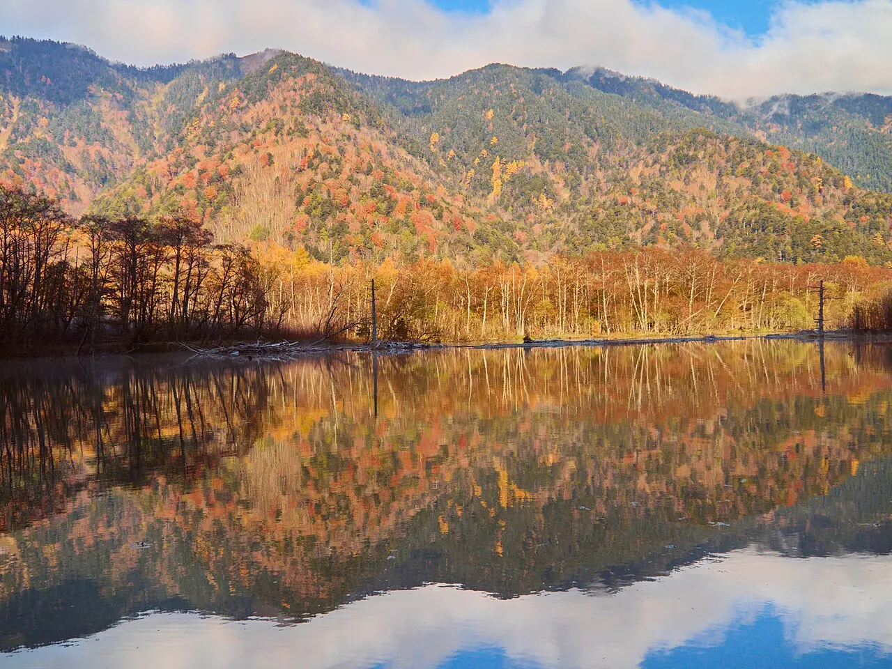 Autumn trees and mountains reflected in the still water of Taisho Pond